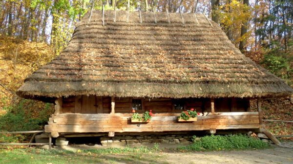 Фасад старовинної бойківської дерев'яної хати з кам'яним підмурівком та стрімким солом'яним дахом